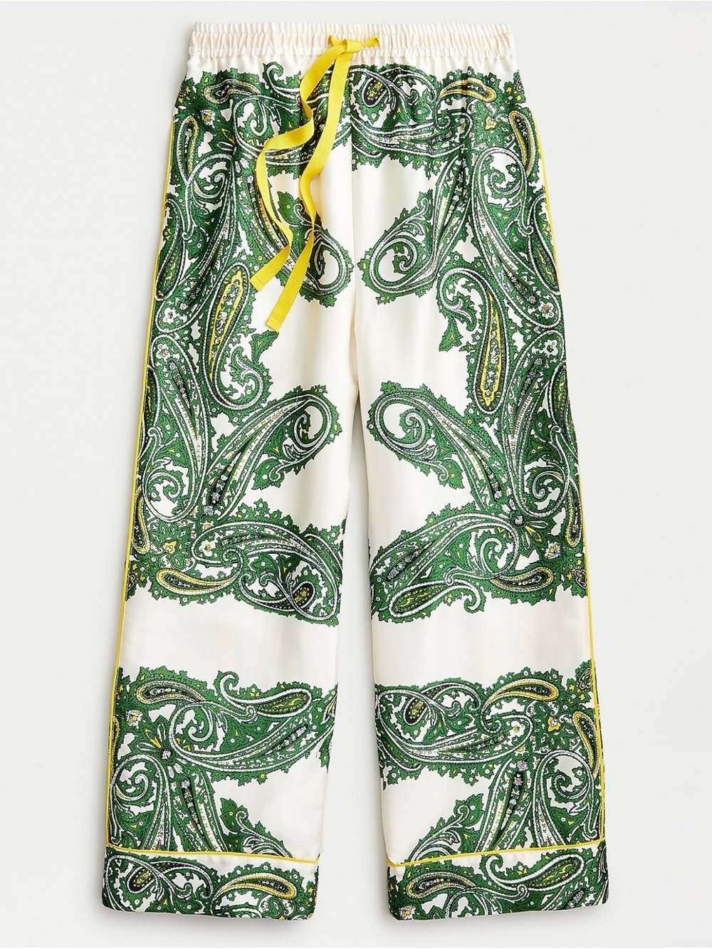 J. Crew Green Paisley Satin Lounge Pants with Yellow Trim